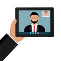 Illustration of a webinar, online conference and training. Incoming call, video call, on the tablet screen Royalty Free Stock Photo